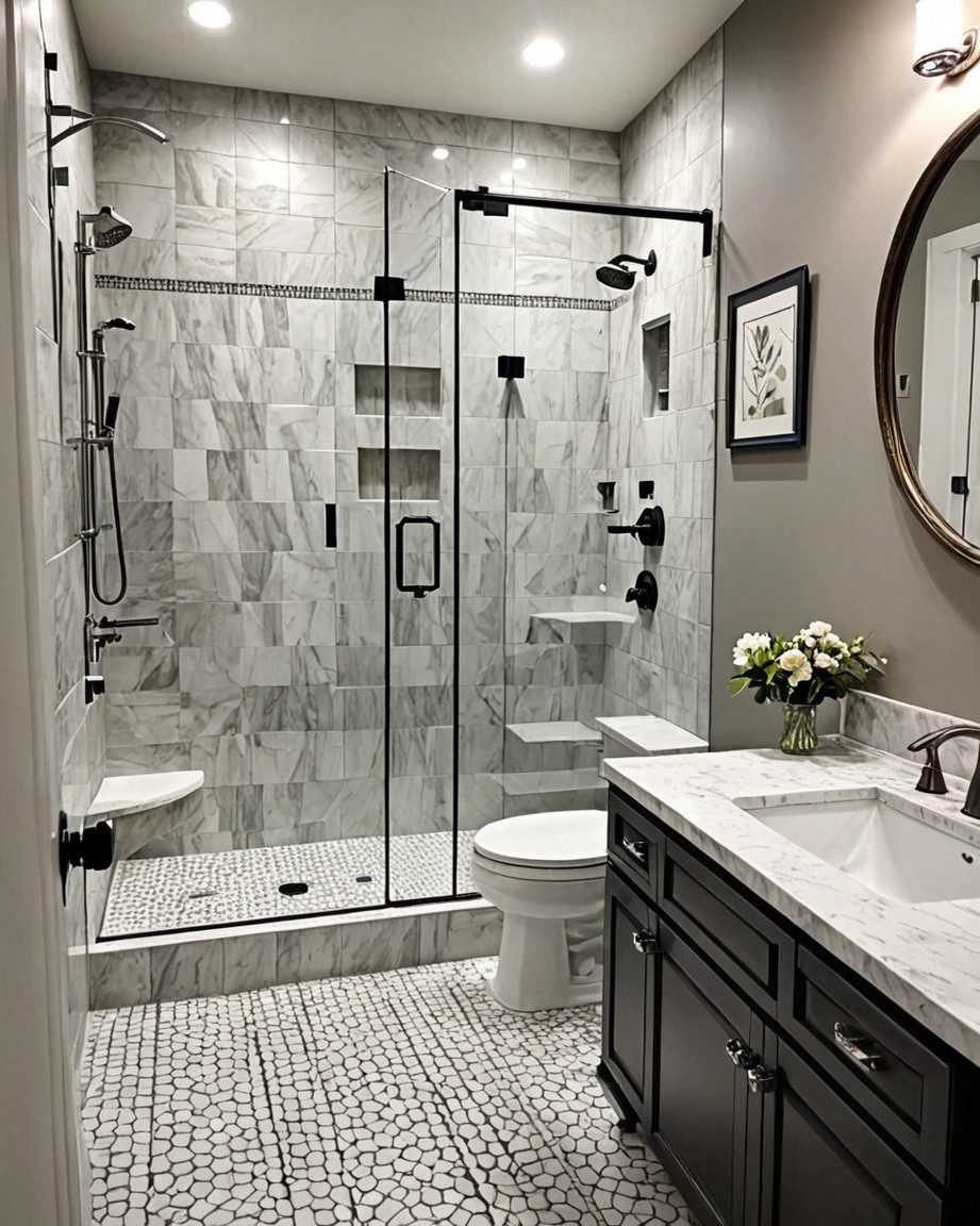 modern bathroom with dark wood cabinet and vanity